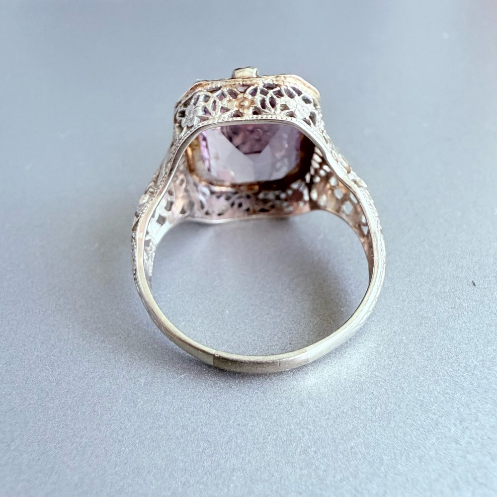 Estate 14K White Gold Antique Art Deco 5 CT Emerald Cut Amethyst Ring - Picture 10 of 13
